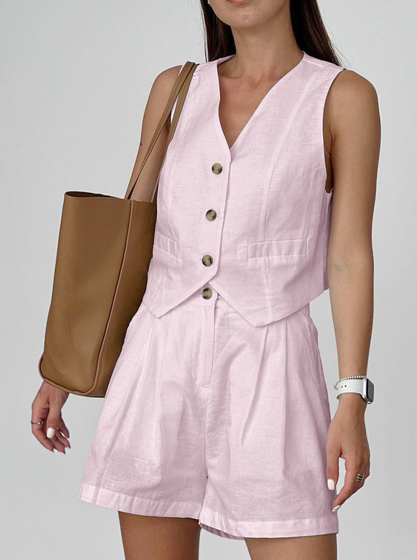 Women's Sleeveless 2-Piece Set - Button-Up V-Neck - Lightweight Tailored Fit