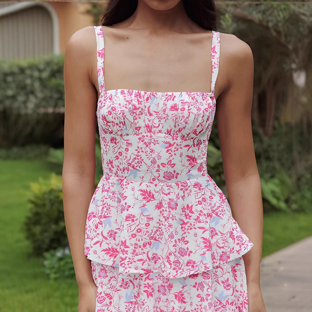 Women’s Midi Dress – A-Line Fit – Floral Print – Tiered – Sleeveless Strappy Design