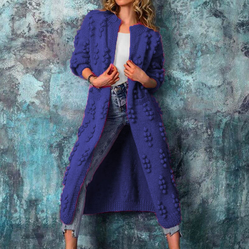Women’s Long Cardigan Sweater Jacket – Popcorn Knit – Open Front – Patch Pockets – Relaxed Fit