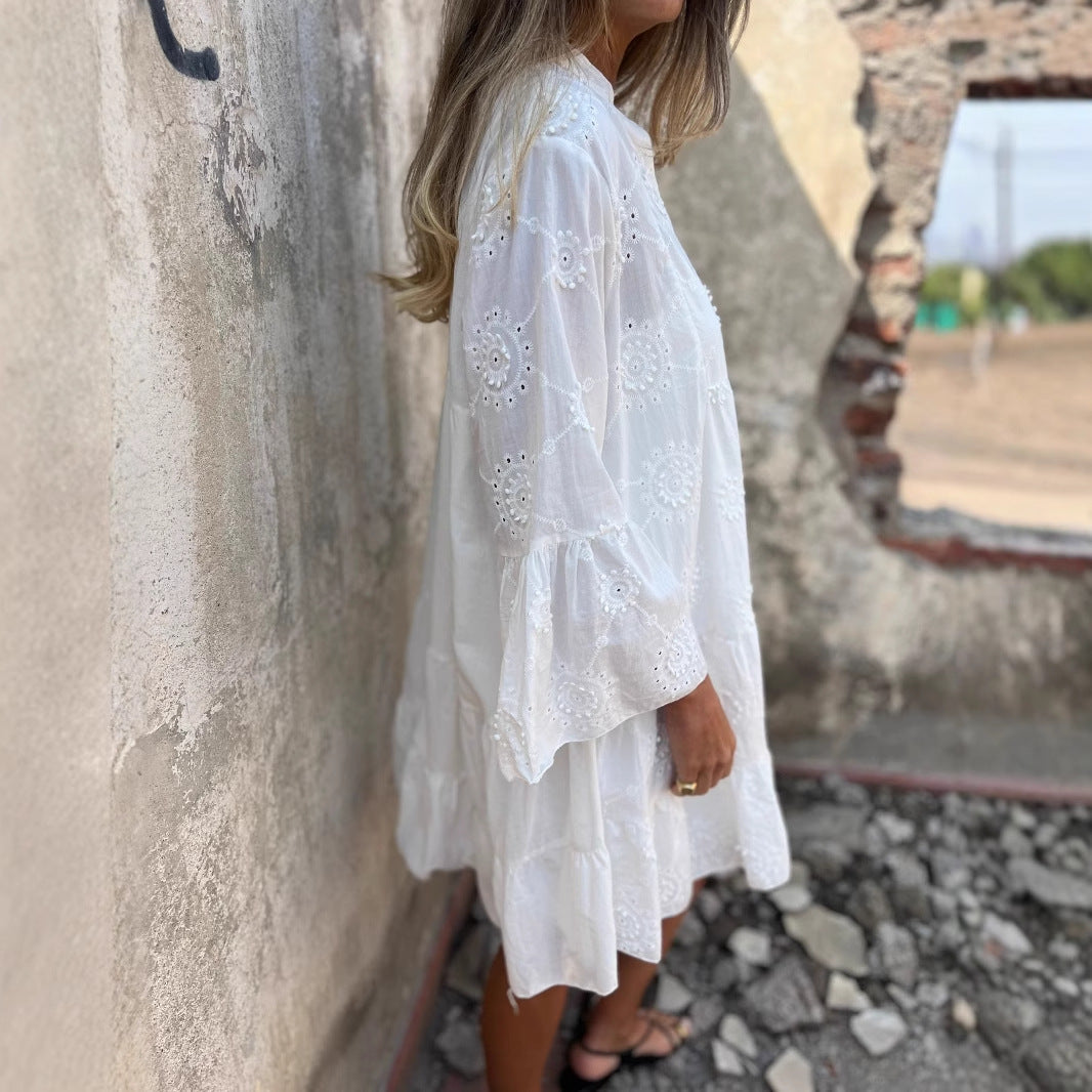 Embroidered Eyelet Lace Loose Fit Cotton Dress