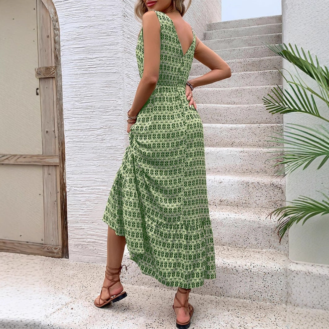 Women’s Midi Dress – Sleeveless V-Neck – Bohemian Print – Waist Tie Flowy Fit
