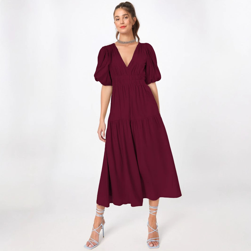Women’s Midi Dress – Deep V-Neck – Puff Sleeves – Fitted Waist – Tiered Skirt
