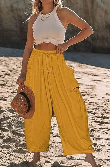 Women's wide leg trousers with elasticated waistband and pockets