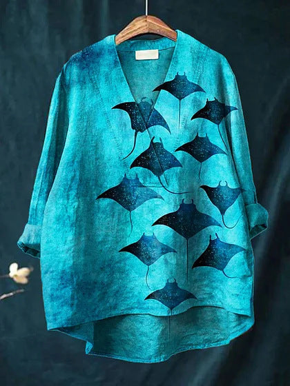 Women’s Long Sleeve Shirt – Relaxed Fit – V-Neck – Rolled Sleeves – Digital Print