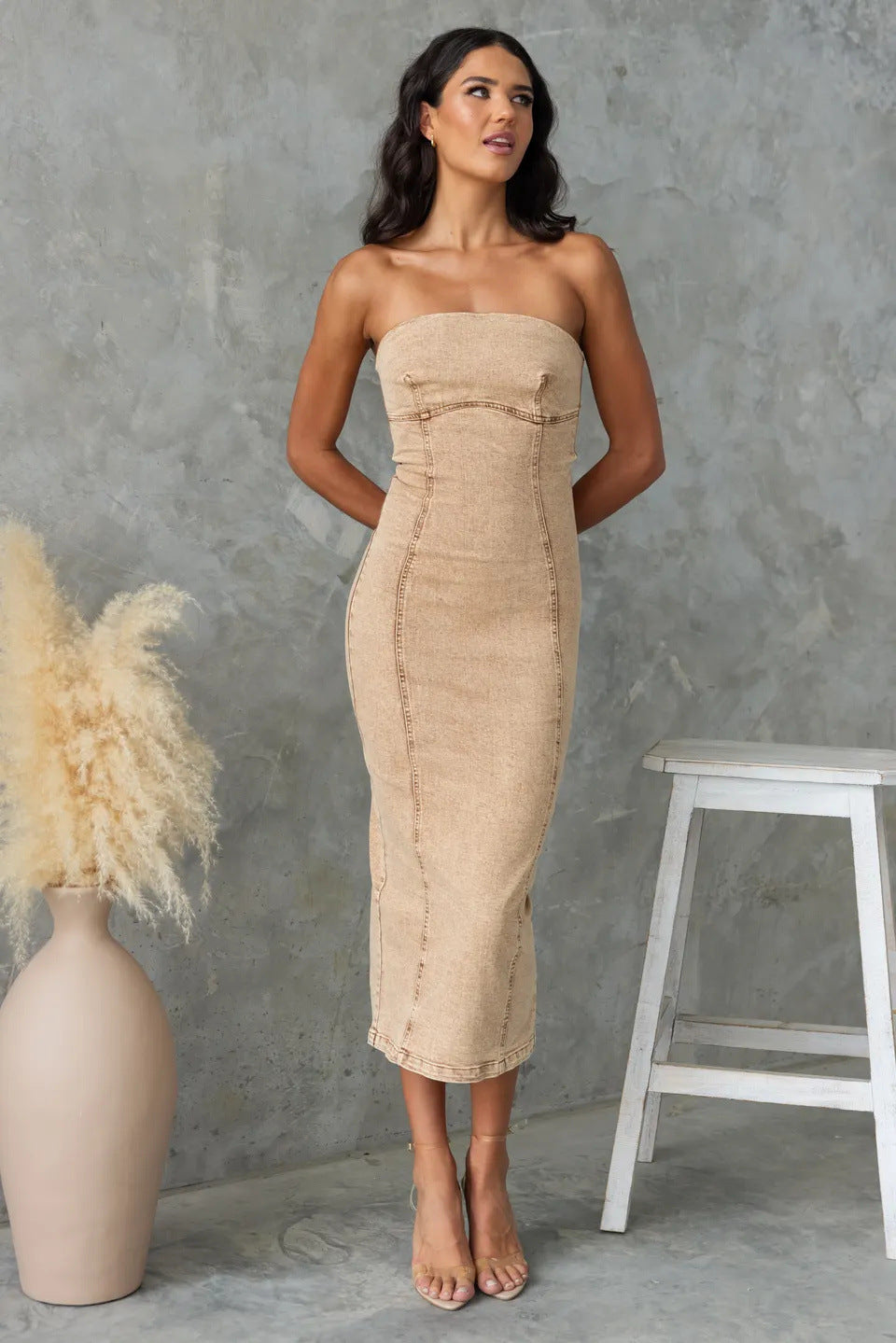 Women’s Strapless Midi Dress – Slim Fit Denim – Structured Panel Design