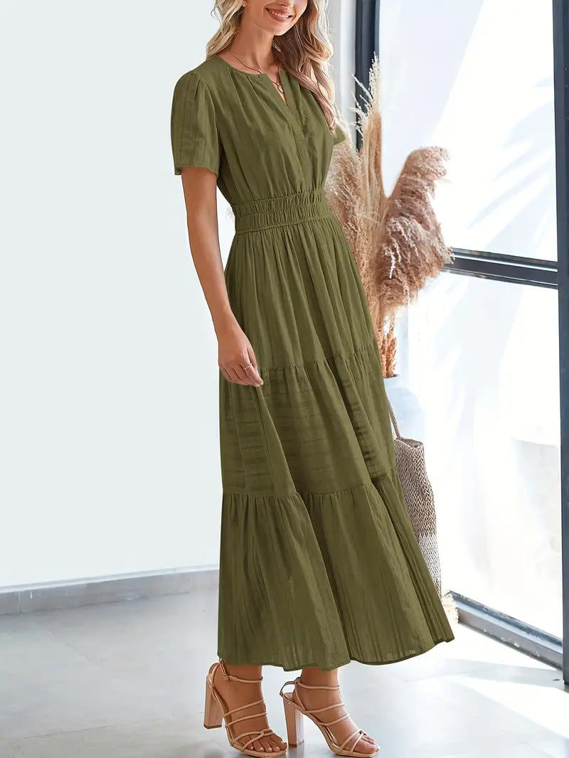 Women’s Maxi Dress – V-Neck – Puff Sleeve – Ruched Waist – Soft A-Line Fit