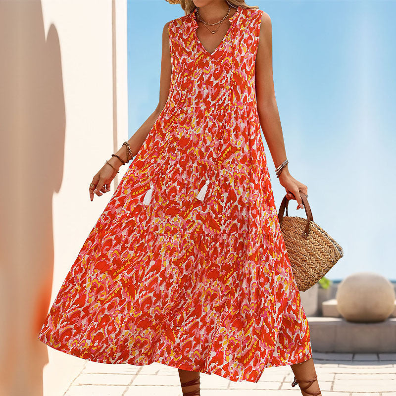 Women’s Midi Dress – Sleeveless V-Neck – A-Line Boho Fit – Lightweight Cotton