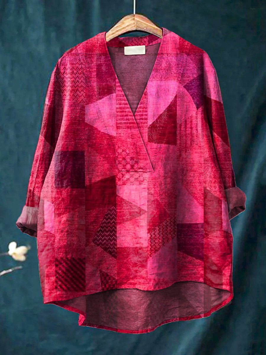 Women’s Long Sleeve Shirt – Relaxed Fit – V-Neck – Rolled Sleeves – Digital Print