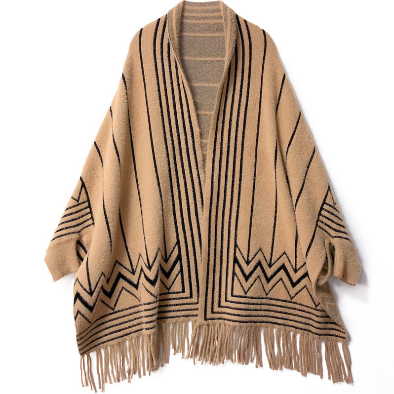 Women's mid-length faux mink fringe batwing knitted cardigan