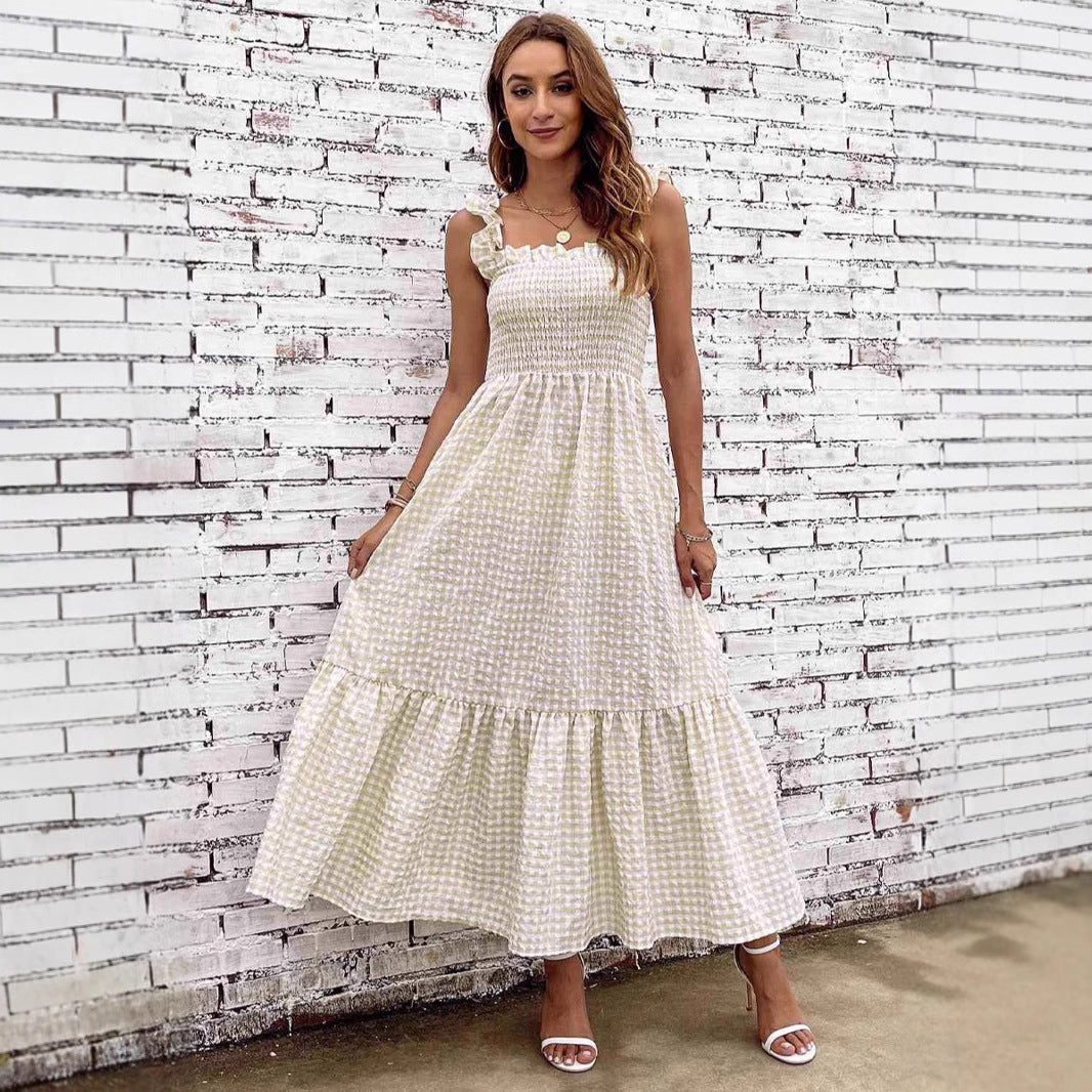 Women’s A-Line Maxi Dress – Smocked Bodice – Tiered Skirt – Spaghetti Straps – Checkered Pattern