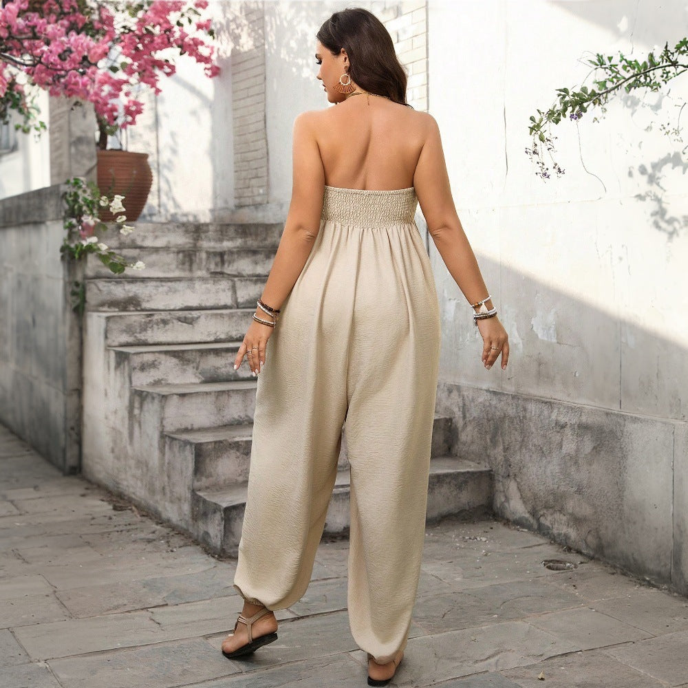 Women’s Jumpsuit – Relaxed Fit – Smocked Bust – Elastic Ankles – Side Pockets