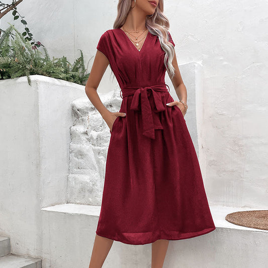 Tie Waist Cotton Blend A-Line Midi Dress