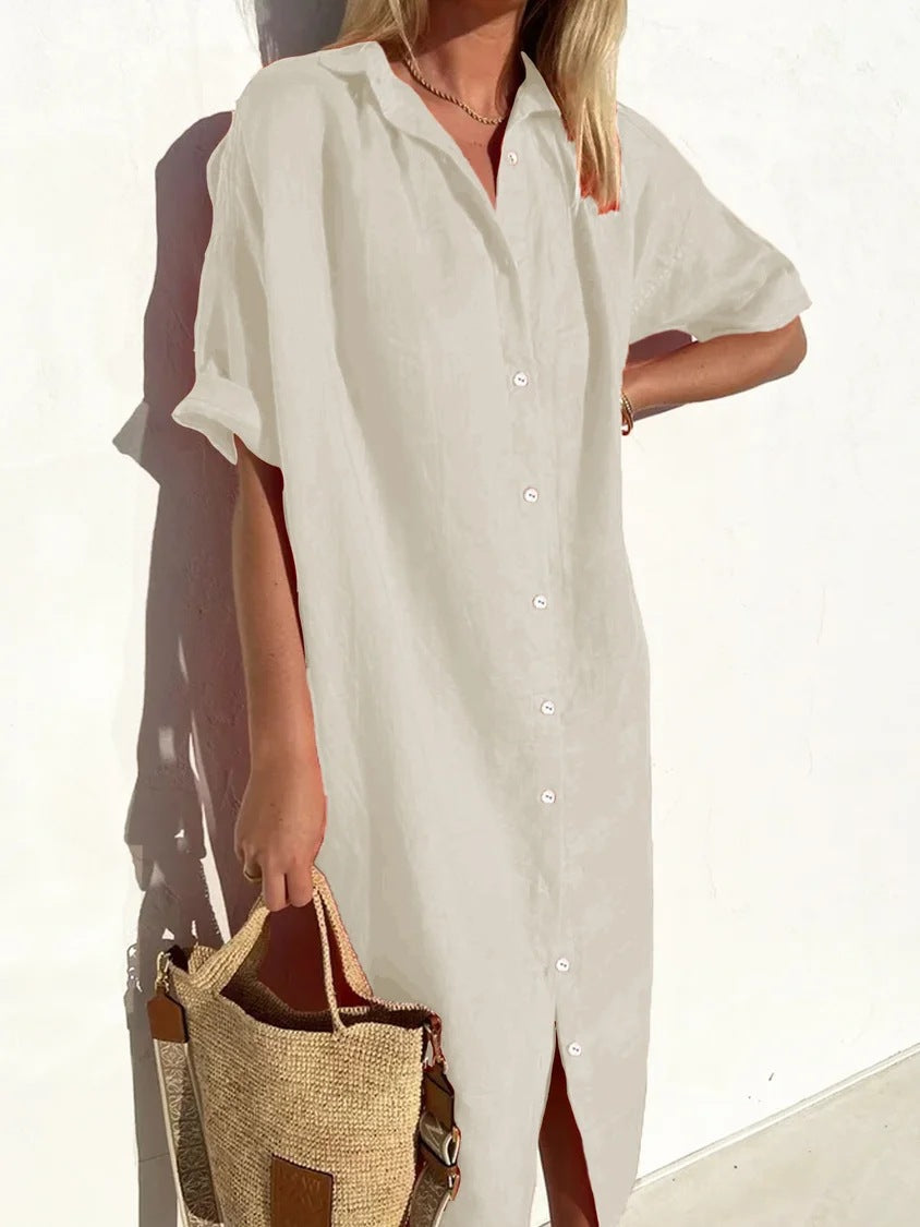 Women’s Shirt Dress – Cotton Linen Blend – Relaxed Fit – Midi Length – Button Down