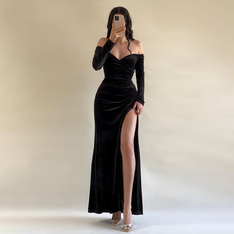 Women’s Long Dress – Velvet – Off Shoulder – Crossover Bust – High Slit – Form Fitting