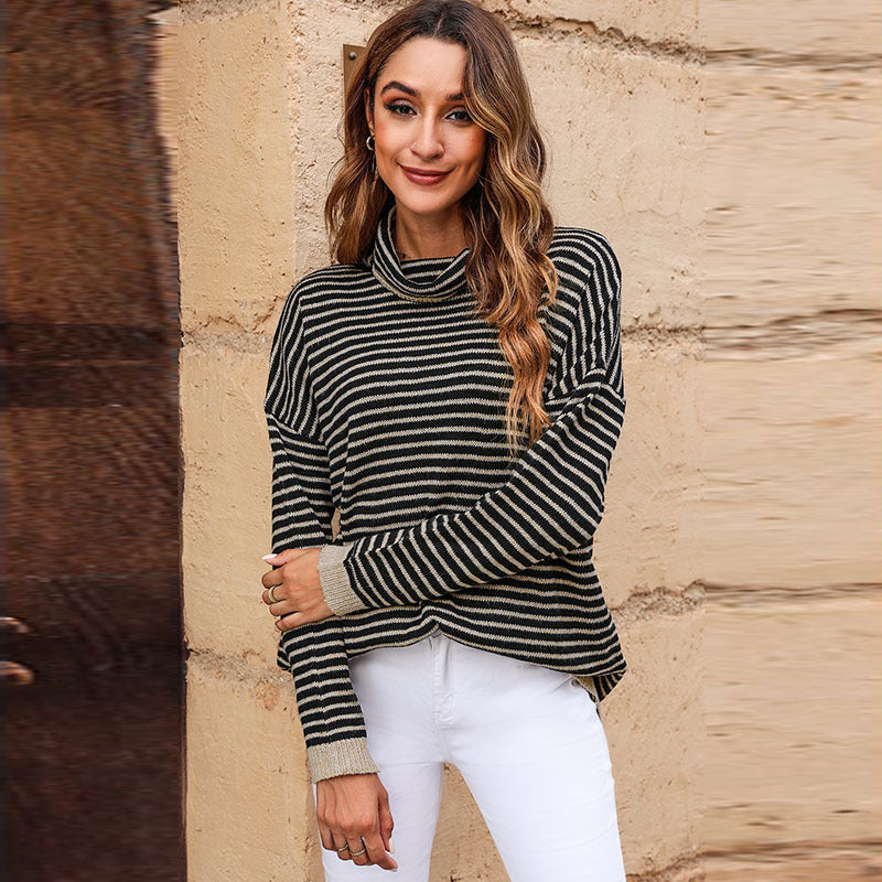Women’s Turtleneck Knit Sweater – Relaxed Fit – Wool Blend – Striped – Ribbed Trim