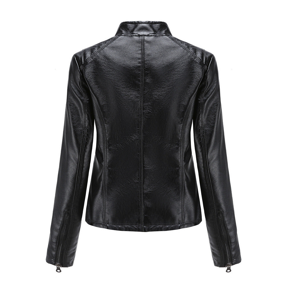Women's casual faux leather stand-up collar jacket