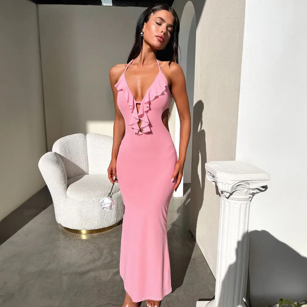 Women’s Maxi Dress – Slim Fit – Ruffle Neckline – Front Cut-Out – Stretch Fabric