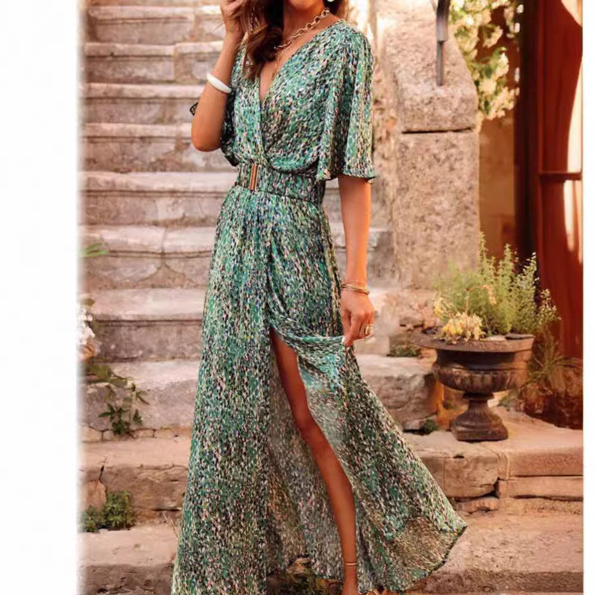 Women’s Maxi Dress – Wrap Style – Belted Waist – V-Neck – Short Sleeve Slit Hem