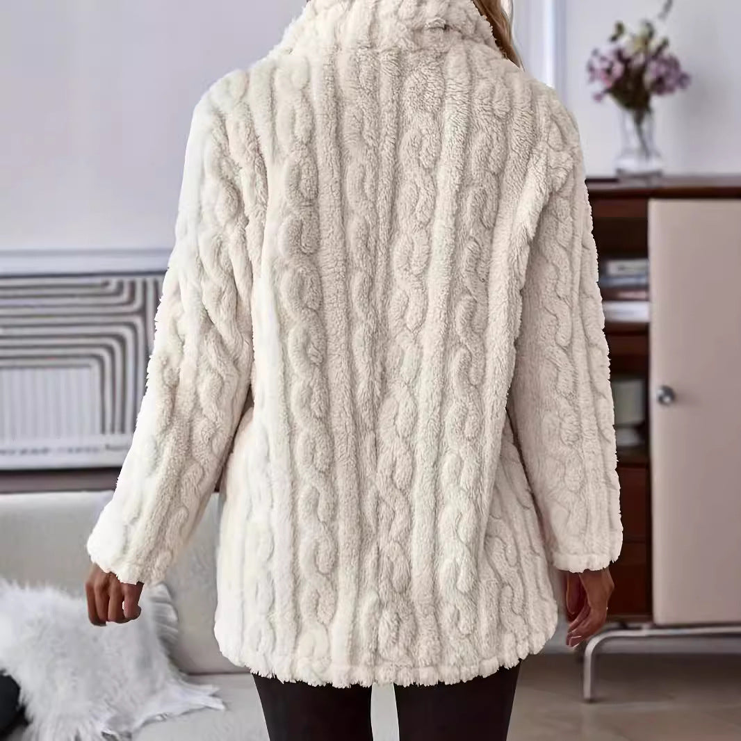 Women’s Cardigan Jacket – Relaxed Fit – Plush Double-Sided – Lapel Collar – Button Front