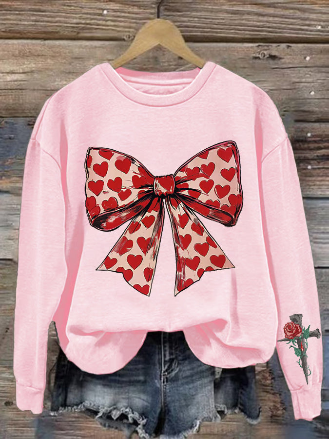 Women’s Sweatshirt – Oversized Fit – Crew Neck – Graphic Bow and Rose Print – Cotton Knit