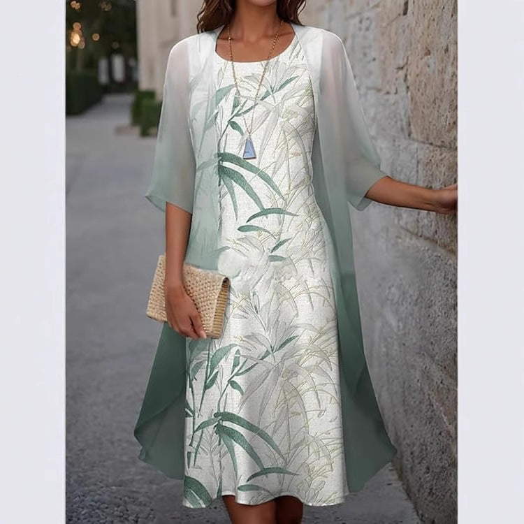 Women’s Two-Piece Dress Set – Loose Fit – Gradient Outer Layer – Midi Length – Breathable Blend