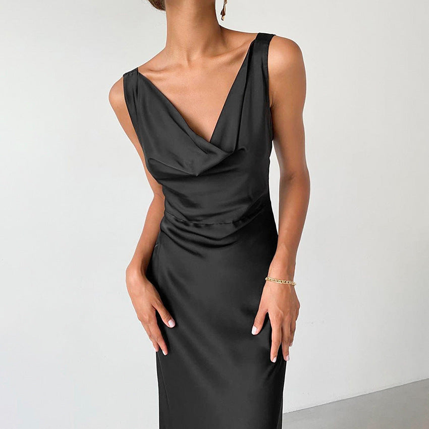 Women’s Satin Gown – Slim Fit – Draped Neckline – Spaghetti Straps – Floor-Length