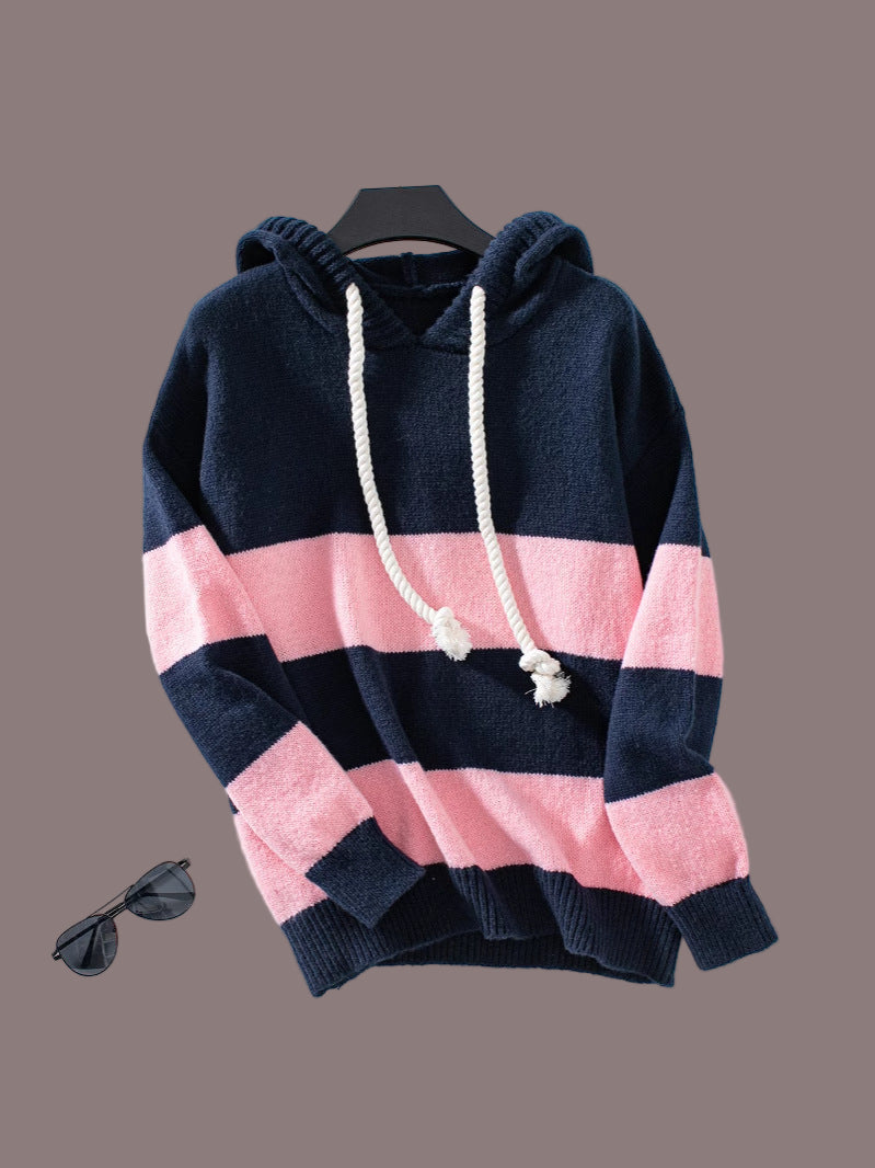 Medium-Gauge Knit Loose Fit V-Neck Hood Sweater