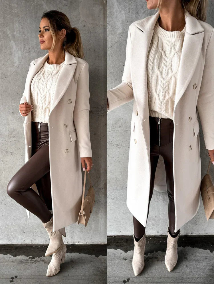 Women's long coat lapel with front pocket and button closure