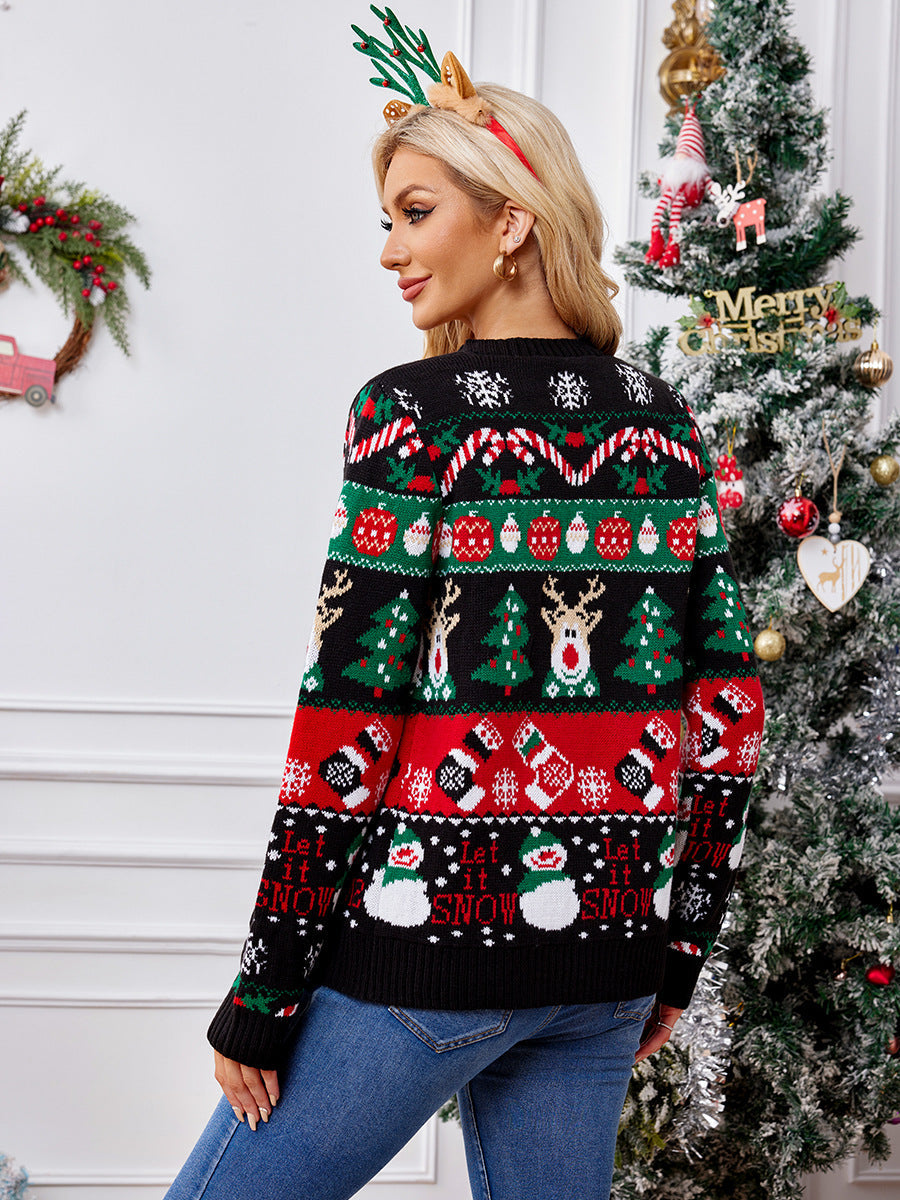 Women’s Cardigan – Knit Fabric – Loose Fit – V-Neck – Button Front – Festive Pattern