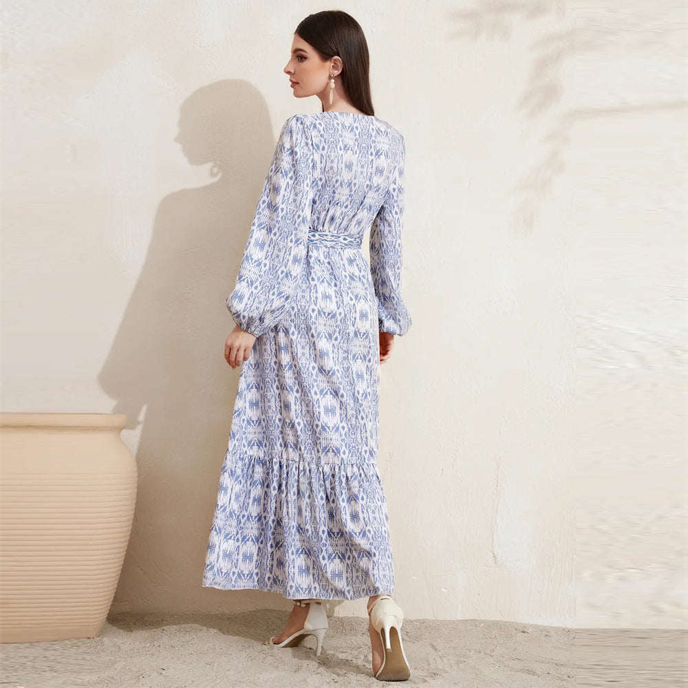 Long sleeve tie-waist boho maxi dress for women