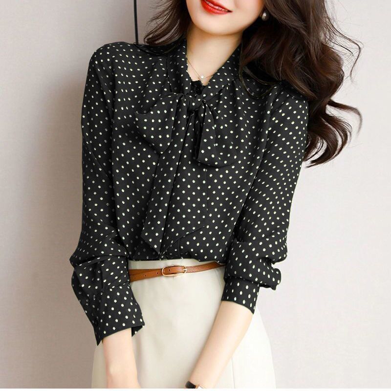 Women's Blouse - Polka Dot - Long Sleeve - Bow Tie Neck - Elegant Casual Wear