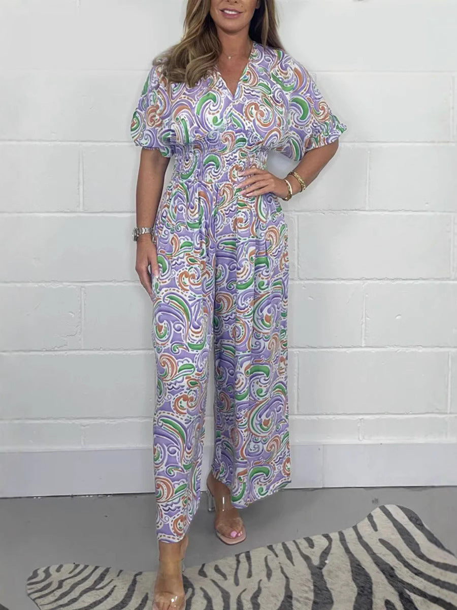 Women’s Jumpsuit – Relaxed Fit – Wide Leg – V-Neck – Soft Breathable Blend – Boho Style
