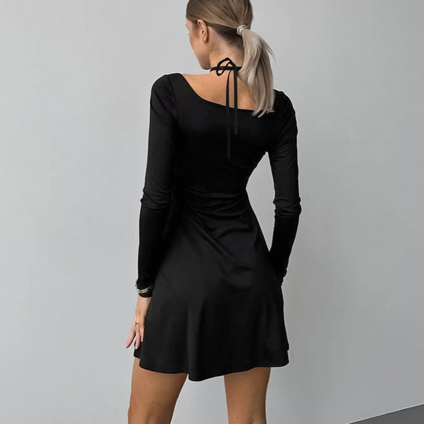 Women's A-Line Dress - Square Neck - Crisscross Strap - Long Sleeve - Slim Fit