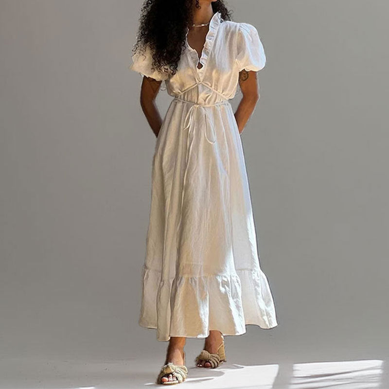 Women’s Midi Dress – Puff Sleeve – V-Neck Ruffle – Tie Waist – Relaxed Fit