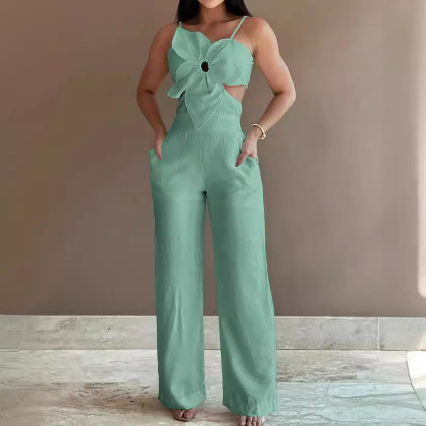 Women’s Jumpsuit – Wide Leg – Backless – Bow Front – Cut-Out – Spaghetti Straps