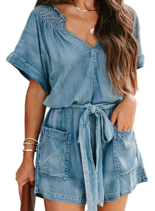 Women's Romper - V-Neck Short Sleeve - Smocked Shoulders Waist Tie - Relaxed Fit