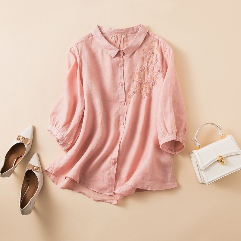 Women’s Button-Up Shirt – Natural Fibers – Relaxed Fit – Mid Sleeve – Embroidered Design