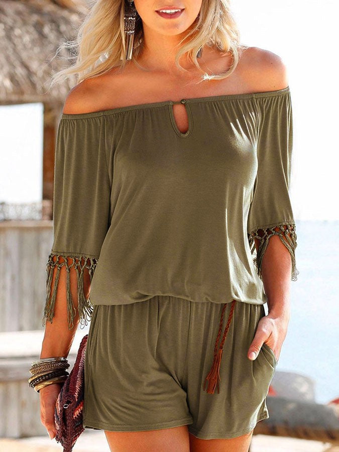 Women's Off-Shoulder Romper - Keyhole Neckline - Fringe Sleeve - Relaxed Fit