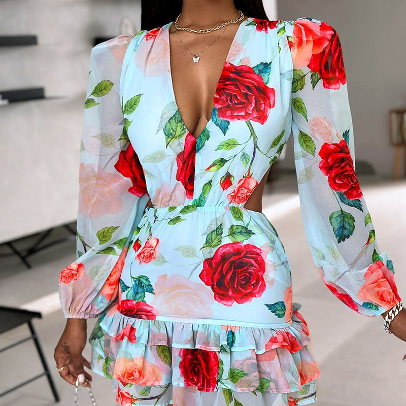 Women's Mini Dress - Plunging V-Neck - Long Puff Sleeves - Fitted Waist - Ruffled Hem
