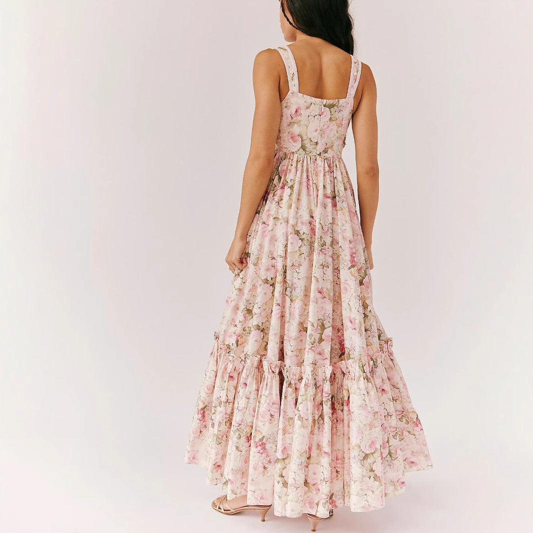 Women’s Maxi Dress – Chiffon – Bohemian Fit – Pleated Floral Tiered Skirt – Spaghetti Strap