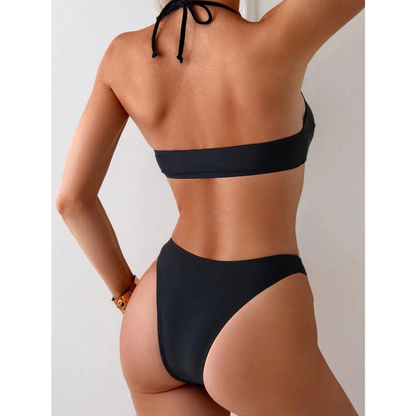 Women’s Bikini Set – Halter Neck Top – High Waist Bottom – Buckle Accents