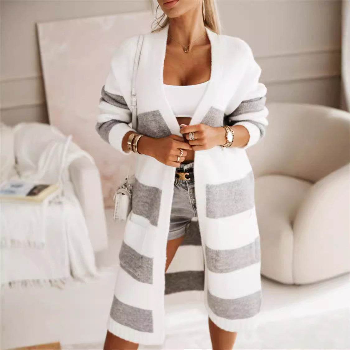 Women’s Knit Cardigan – Oversized Fit – Longline Open Front – Striped – Ribbed Cuffs