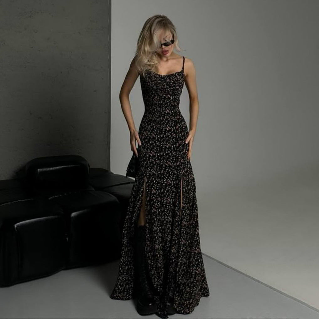 Women’s Maxi Dress – Slim Fit – Spaghetti Straps – High Slit – Floral Print – Cinched Waist