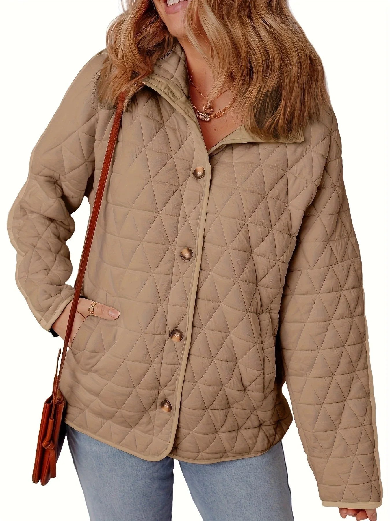 Women’s Quilted Coat – Cotton – Oversized Fit – Button Front – Round Neck – Mid Length