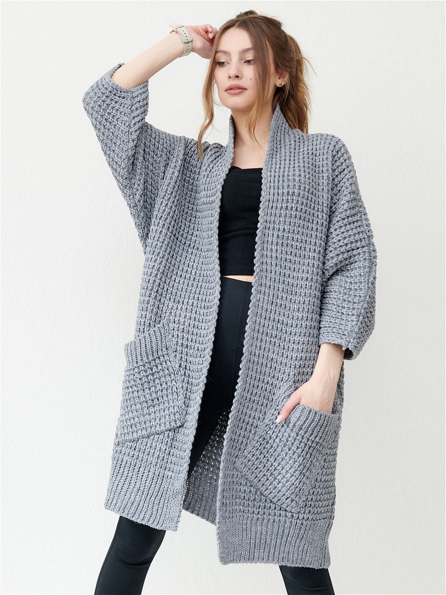 Women’s Knitted Coat – Oversized Fit – Chunky Wool Blend – Open Front – Patch Pockets