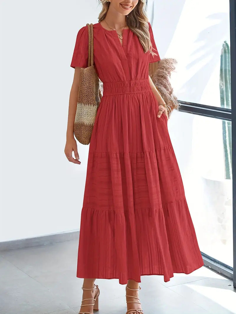 Women’s Maxi Dress – V-Neck – Puff Sleeve – Ruched Waist – Soft A-Line Fit