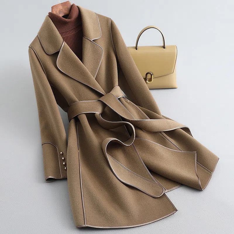 Women’s Trench Coat - Wool Blend - Tailored Fit - Belted Wrap Style - Piped Detailing