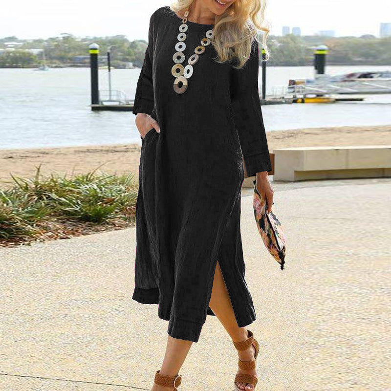 Women’s Shirt Dress – Relaxed Fit – Long Sleeve – Lightweight Woven – Midi Length