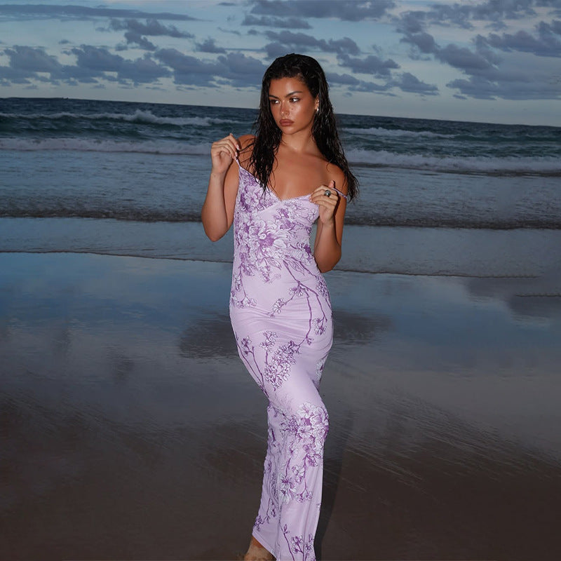 Women’s Maxi Dress – Slim Fit Satin Blend – V-Neck Spaghetti Straps Floral Print