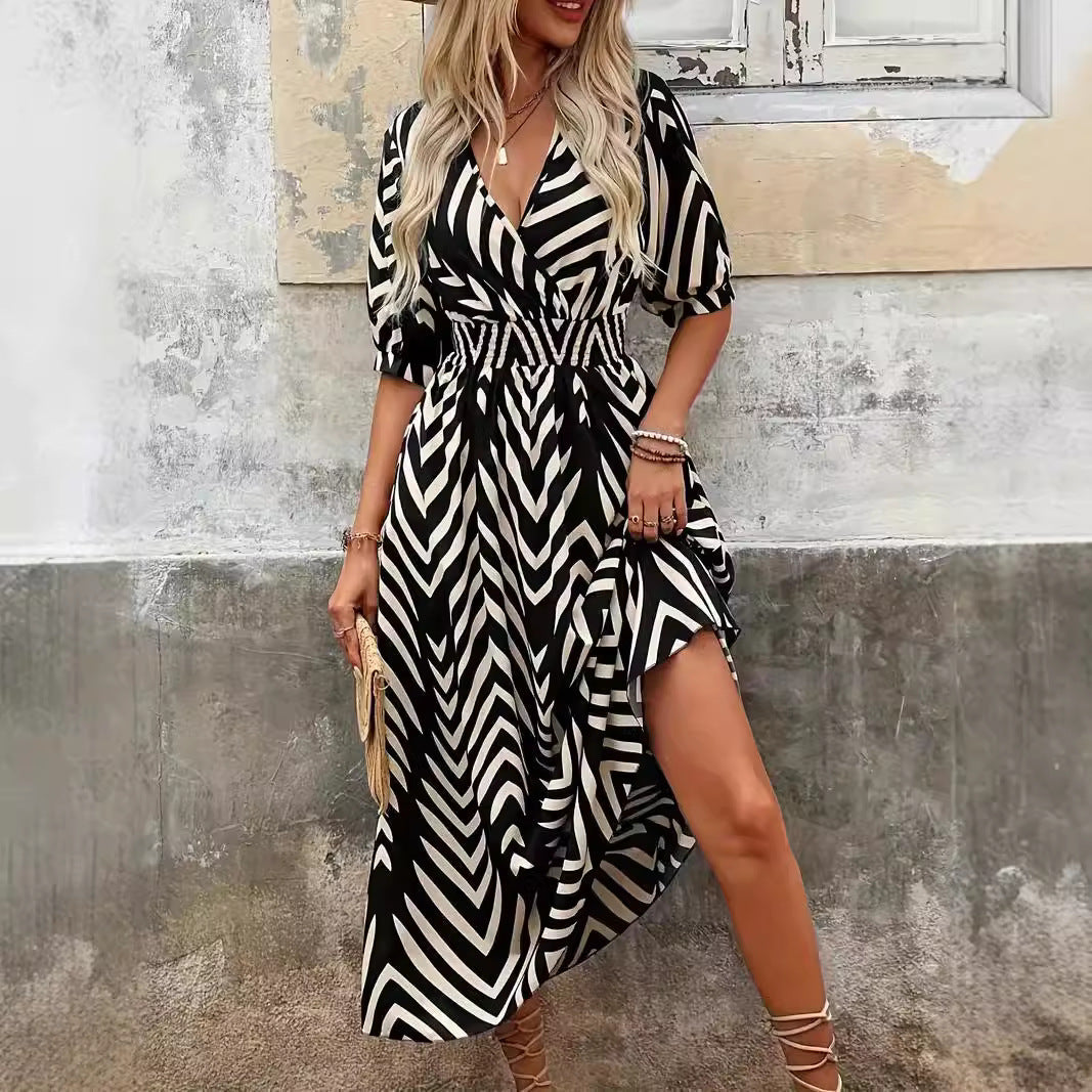 Women’s Midi Dress – A-Line Fit – V-Neck Wrap – Puff Sleeve – Woven Belted Waist